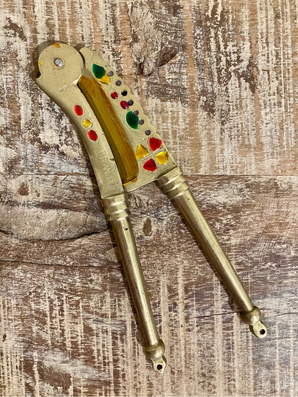 Vintage Sbanjali Metal Betel Nut Cutter Hand‑Painted Folk Art Tool
